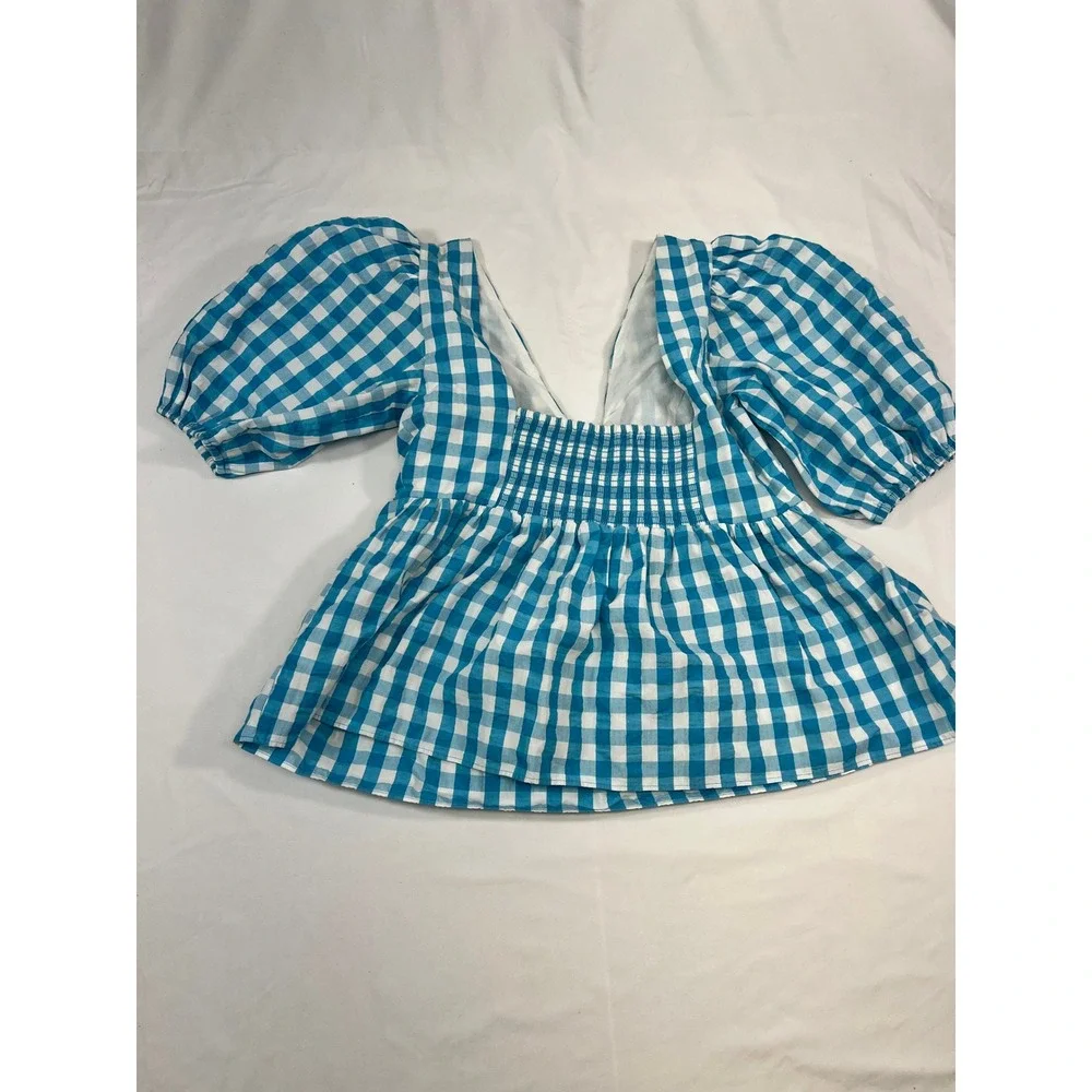 Lilly Pulitzer‎ Gingham Tie-Front Top Puff Sleeve Blue White Blouse